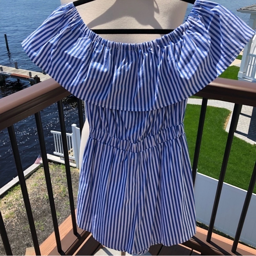 Lucca Blue and White Striped Off-Shoulder Top